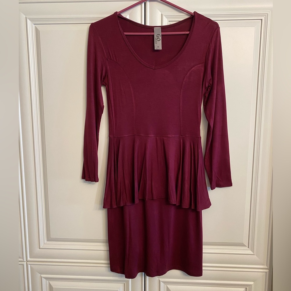 GO COUTURE Size Medium Purple Scoop Neck Long Sleeve Dress w/Peplum at Waist